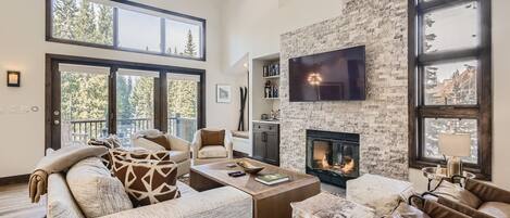 Smart TV, caminetto, lettore DVD, libri