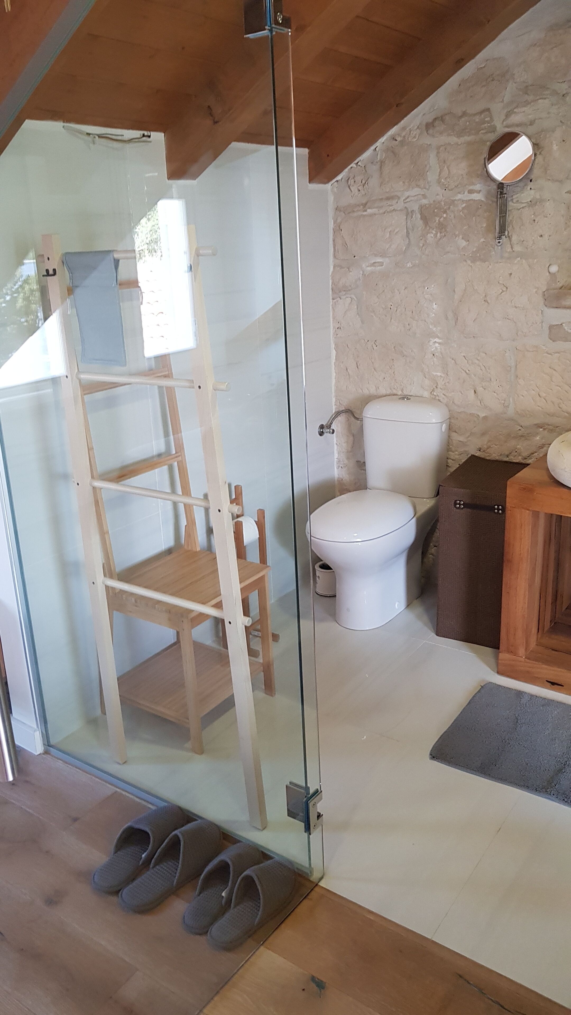 A bathroom with a glass shower enclosure, a wooden ladder, a toilet, and a sink.