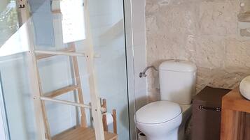 A bathroom with a glass shower enclosure, a wooden ladder, a toilet, and a sink.