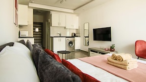 A hotel room with a bed, a small desk, a chair, a TV, a washing machine, and a kitchen area. - Phaedrus Living Seaside Flat Athina 115 (Paphos)