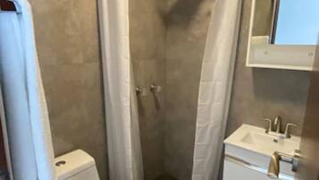 Un baño moderno con ducha, inodoro y lavamanos.