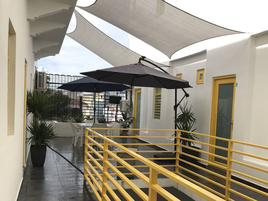 Un couloir avec des rampes jaunes, un espace abrité avec des parasols et des plantes en pot.