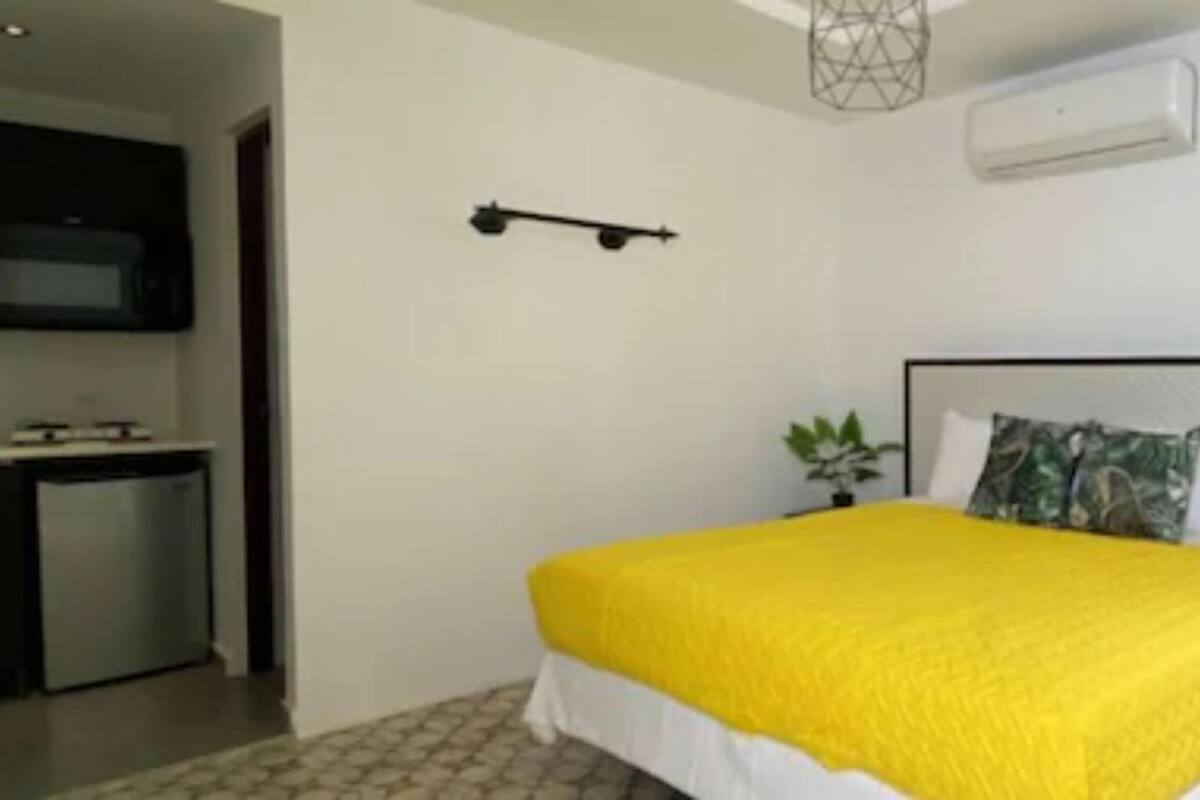 Une chambre avec un lit, une table de chevet et une petite plante, ainsi qu’un coin cuisine équipé d’un four à micro-ondes.