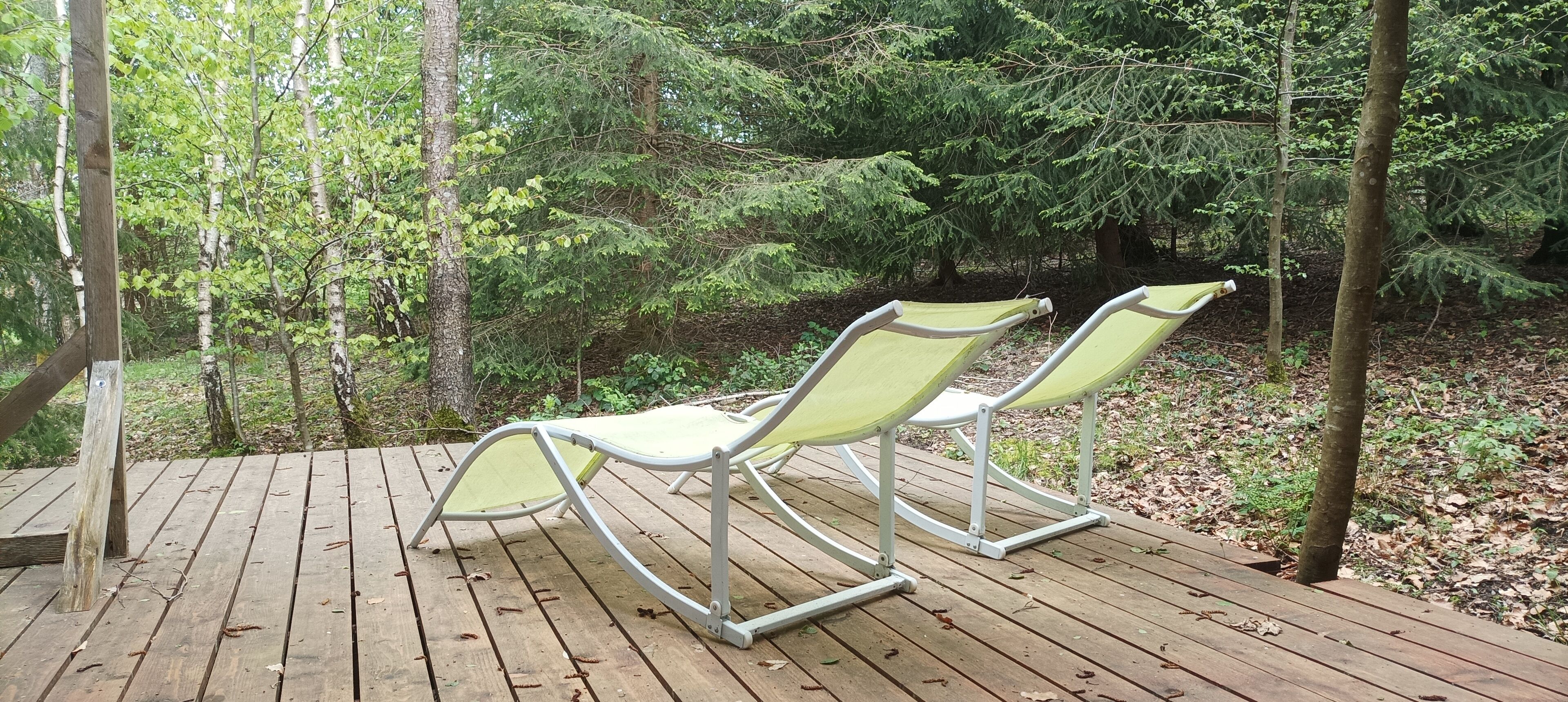 Two outdoor rocking chairs on a wooden deck surrounded by trees.