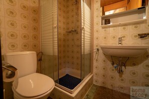 Shower, hair dryer, towels, toilet paper