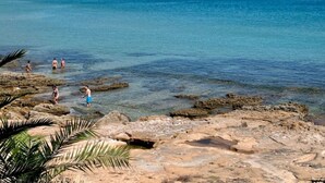 A rocky beach with clear water, palm trees, and a distant cliff. - Casa Da luz 5, ocean view, pool & beach 200 meters away  (Praia da Luz)