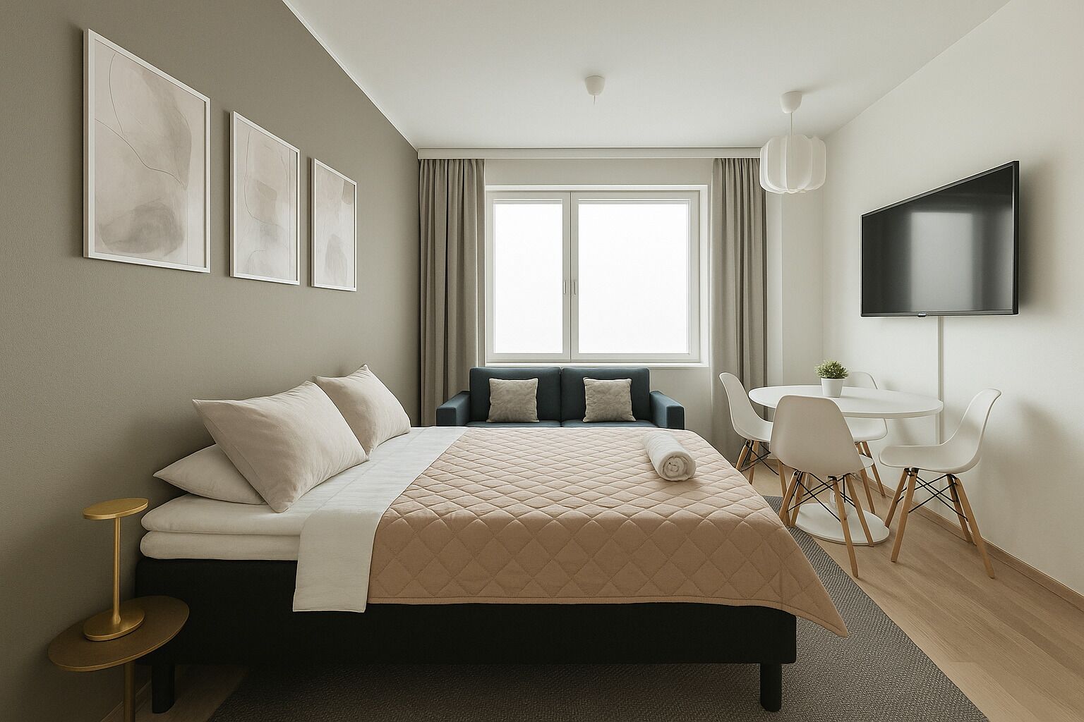 A modern hotel room with a bed, a desk, and a TV.