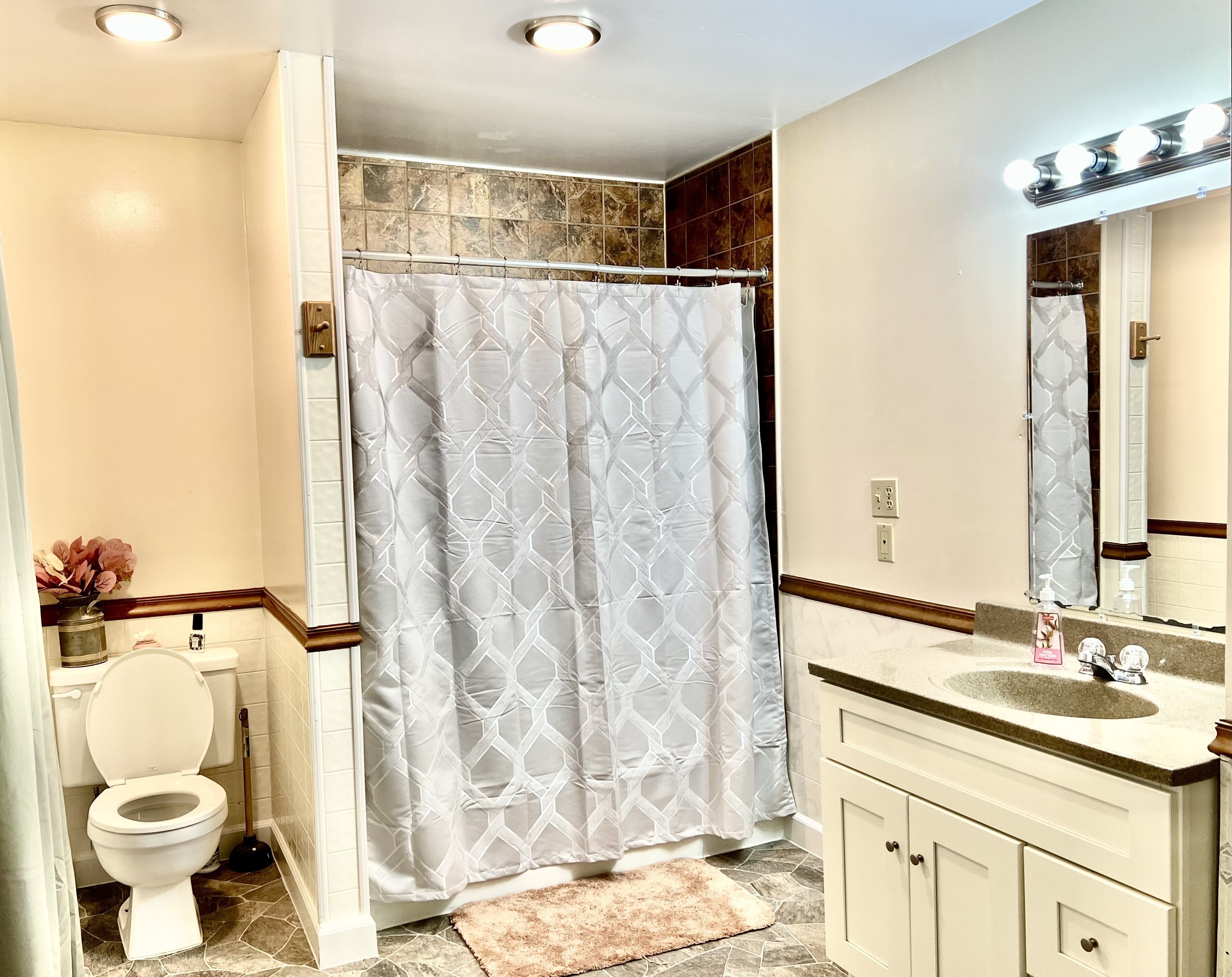 Tina con regadera, secadora de cabello, toallas, jabón 