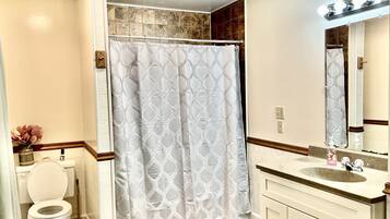 Combined shower/bathtub, hair dryer, towels, soap