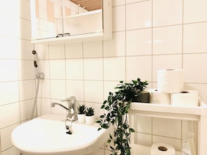 Ein Badezimmer mit einem weißen Waschbecken, einer Handbrause, einem Spiegel und einer Topfpflanze.