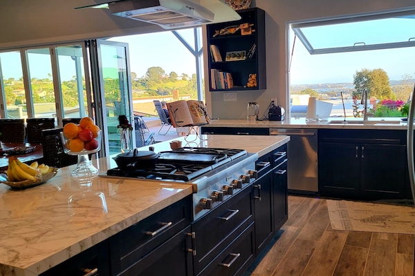 Kitchen island, note cafe window that opens over the sink to the patio
