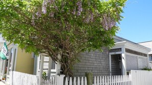 Ein Haus mit weißem Zaun, ein Baum mit violetten Blüten und einer Garagentür.