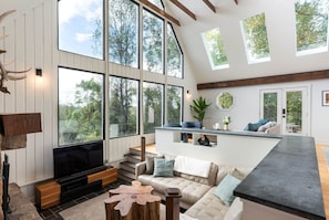 Smart TV, fireplace, video games, DVD player