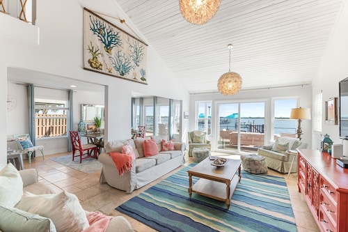 Waterfront home with dock, heated pool, & spectacular views- walk/bike downtown!