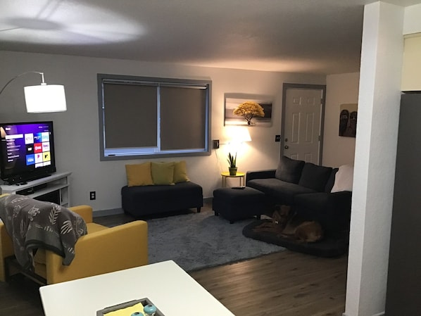 A living room with a TV, sofa, ottoman, and a dog.