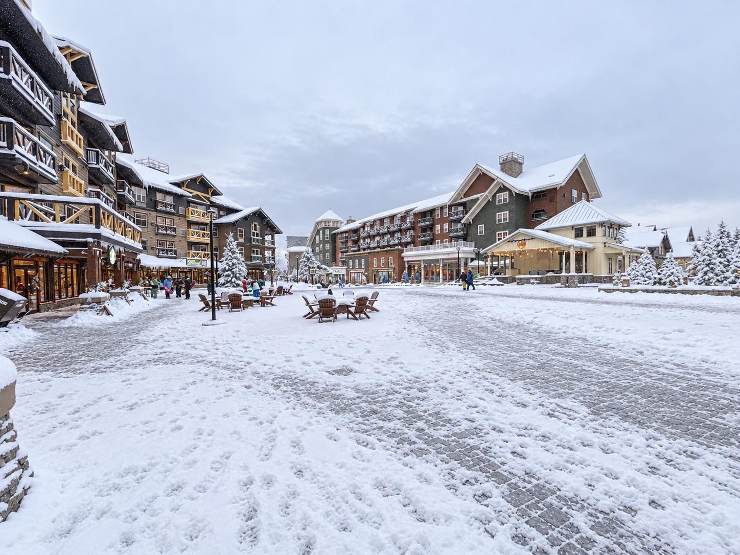 Een met sneeuw bedekt stadsplein met gebouwen aan weerszijden, terrasjes en sneeuwtakken.