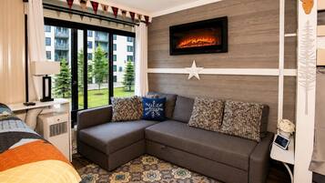 TV, fireplace, books