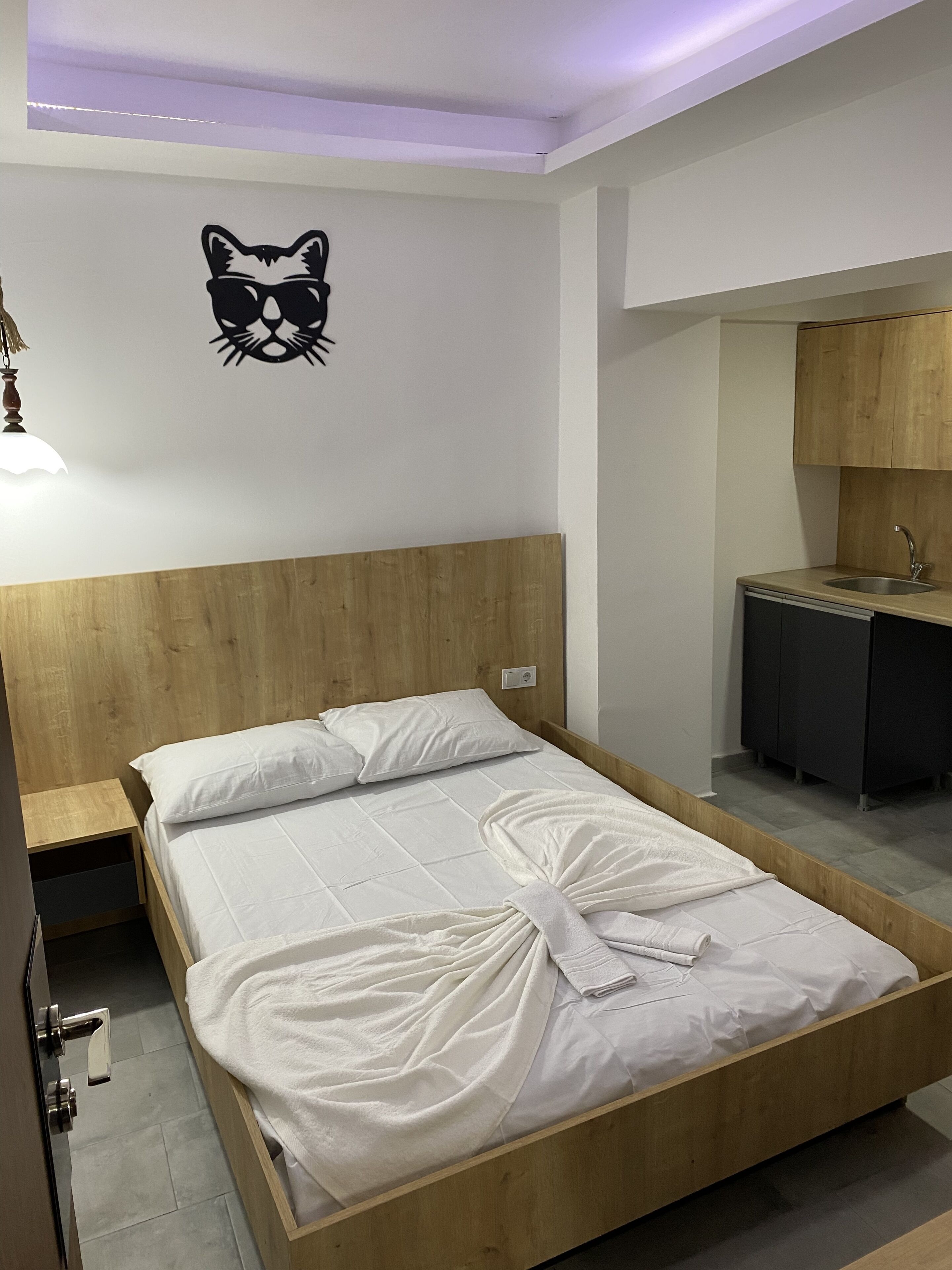 A bedroom with a wooden headboard, a bed with white bedding, a cat-themed wall decal, a bedside table, and a small kitchenette with a sink and cabinets.