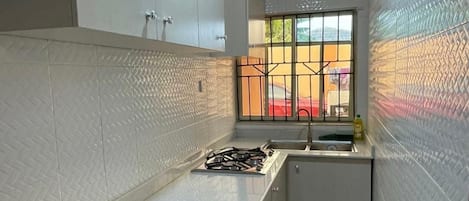 Fridge, microwave, oven, stovetop