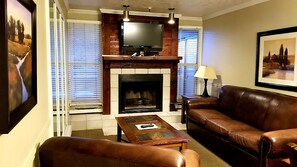 TV, fireplace, DVD player, printers