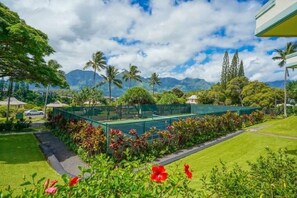 A lush garden with a tennis court, palm trees, and a mountain backdrop.