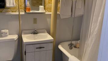 Hair dryer, towels, soap, shampoo