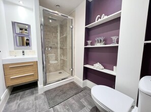 Shower, hair dryer, towels, toilet paper