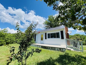 A small white house with a porch, surrounded by lush greenery and a clear blue sky.