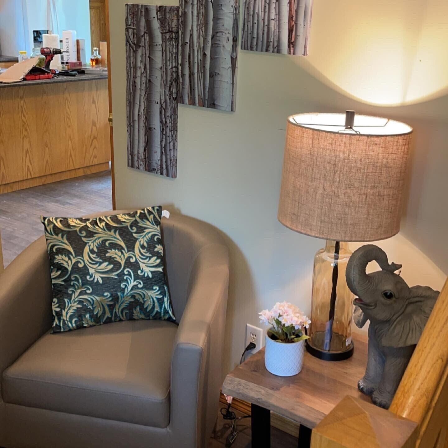 Een woonkamer met een bank, een lamp, een decoratief olifantbeeldje en wanddecoratie.