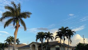 Una casa residencial con un césped cuidado, palmeras y cielo despejado.