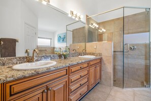 Combined shower/bathtub, jetted bath, soap