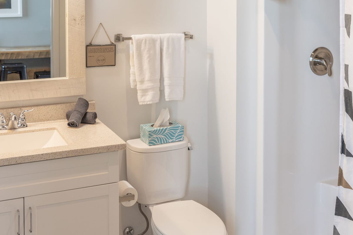 room 6 | bathroom | shower, hair dryer, towels