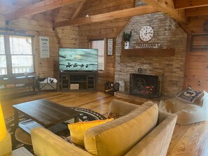 Smart TV, fireplace, video games, DVD player