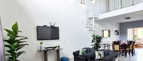 Televisión, chimenea, futbolito, libros