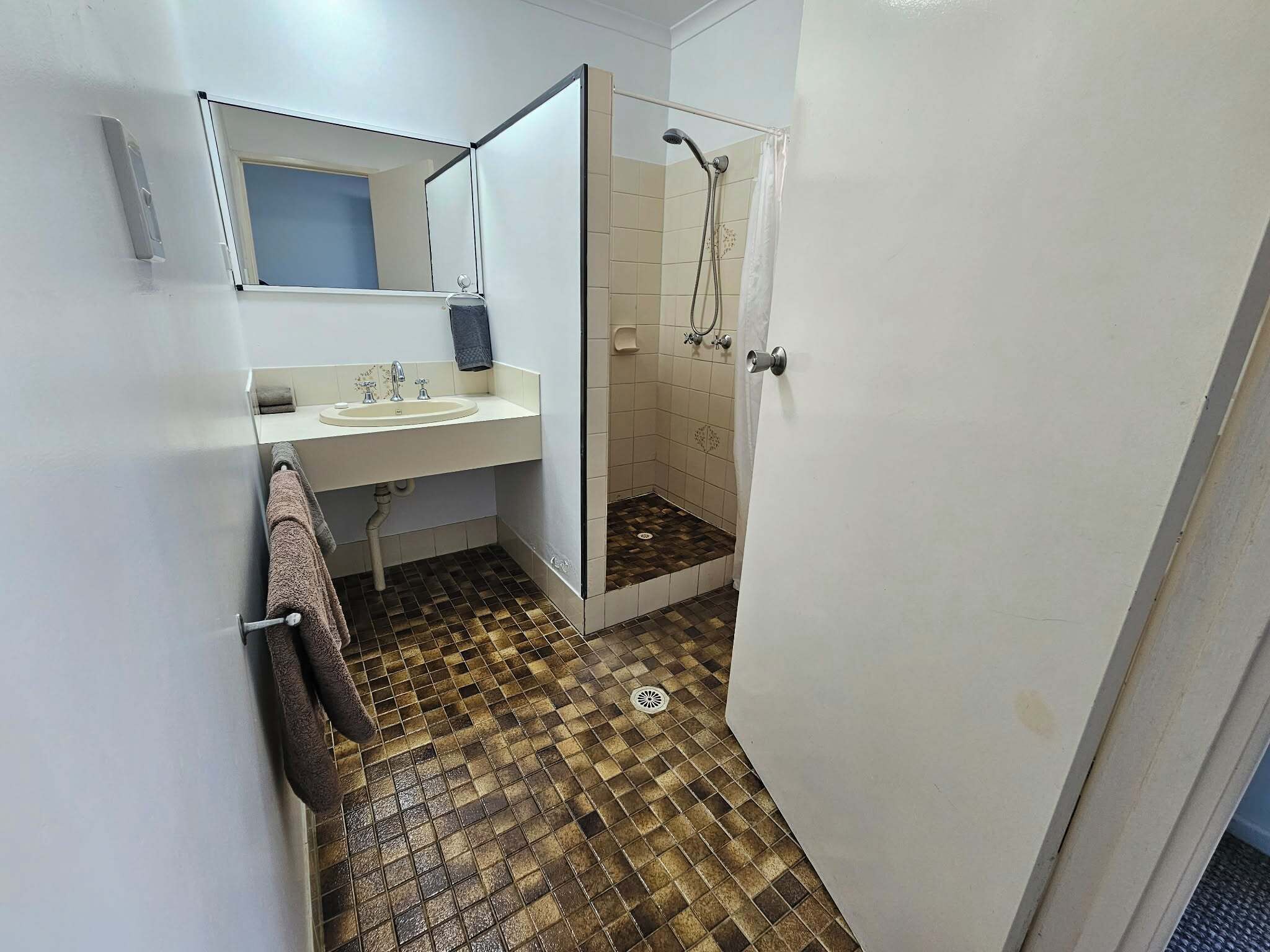 Baño con lavamanos, espejo, ducha y suelo con baldosas estampadas.