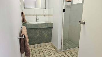 Ein Badezimmer mit Waschbecken, Spiegel und Dusche.