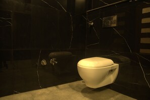 A bathroom with a toilet, a sink, and a mirror.