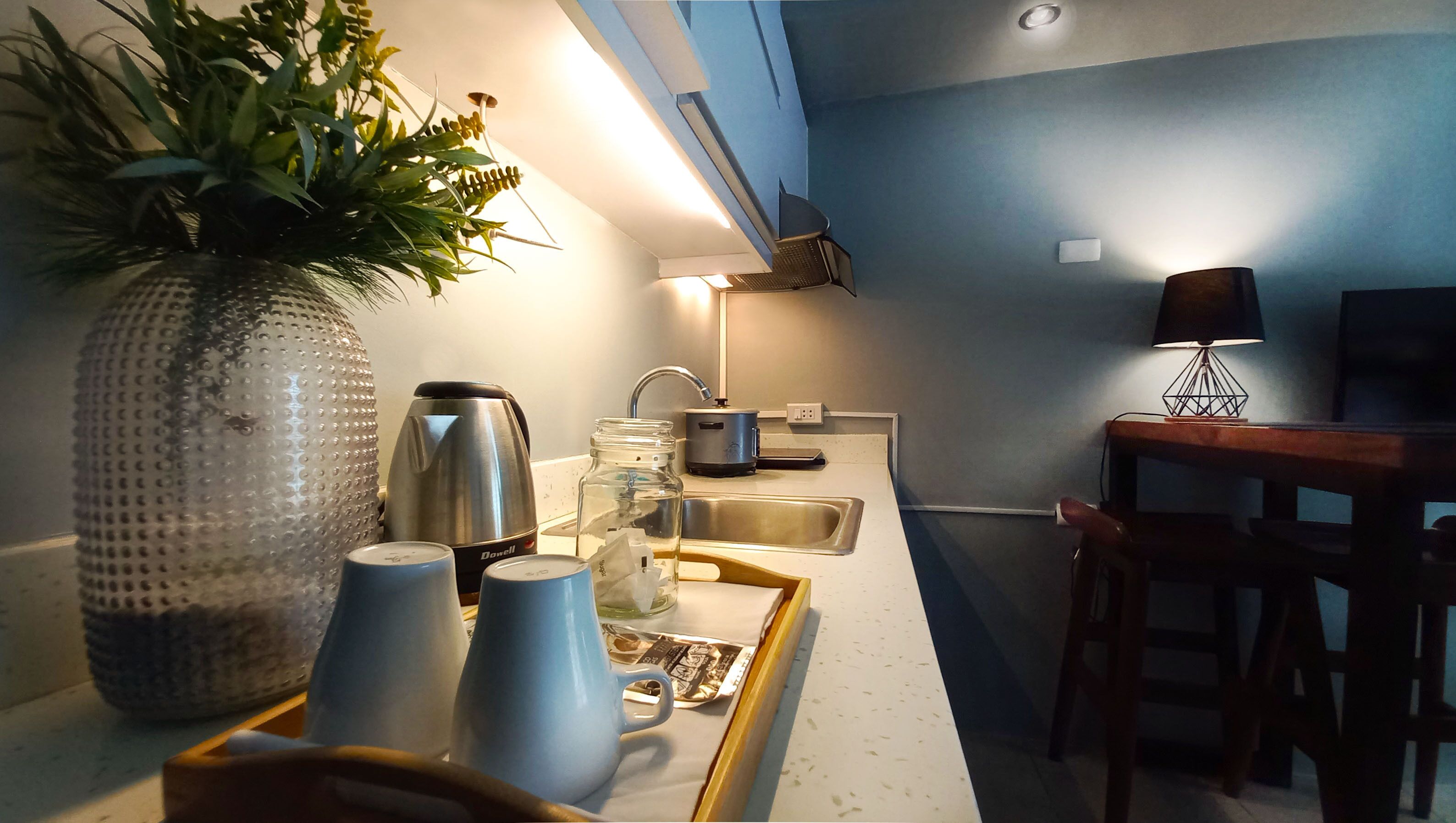 Kühlschrank, Mikrowelle, Herdplatte, Wasserkocher