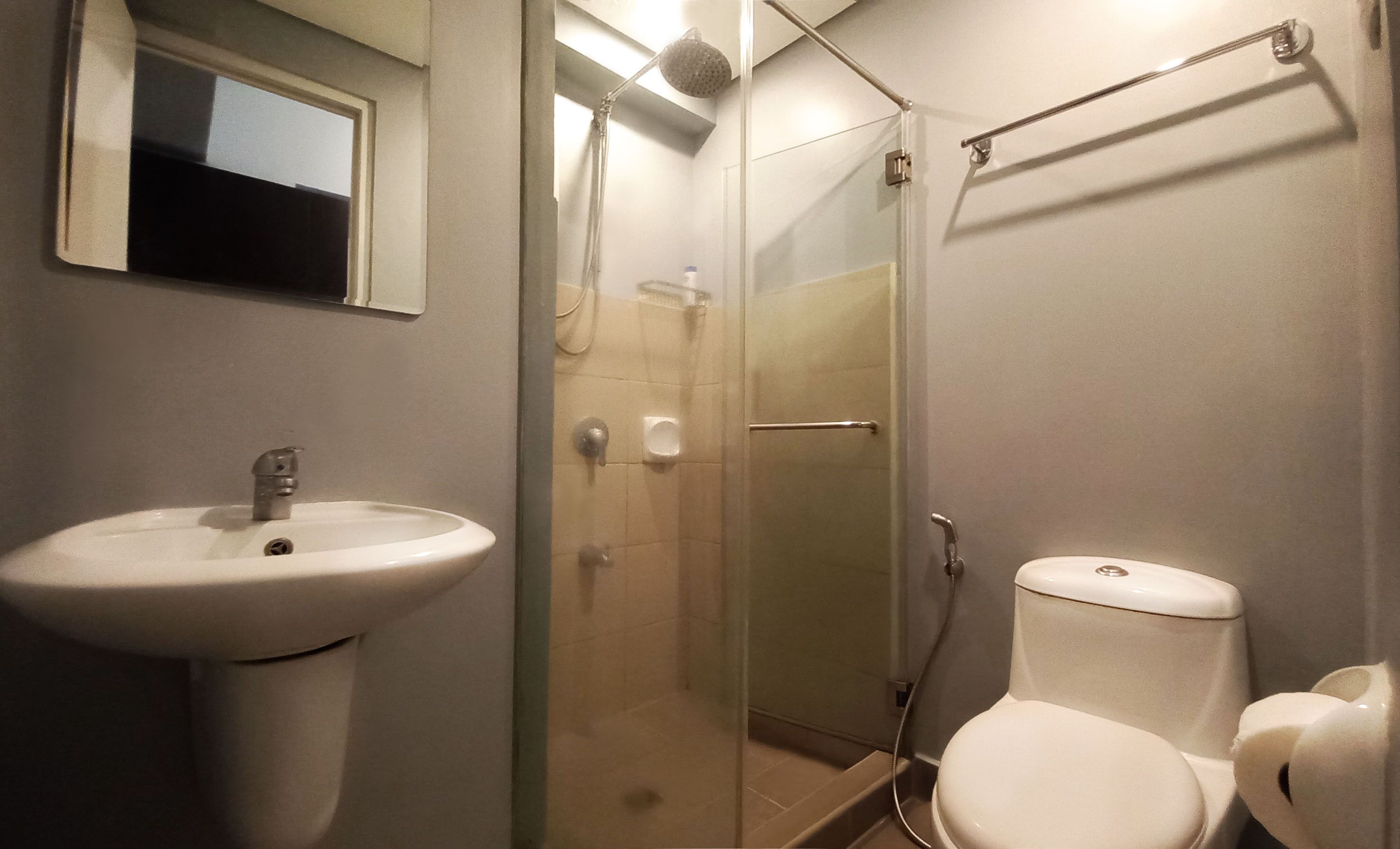 Combined shower/bathtub, bidet, towels, soap