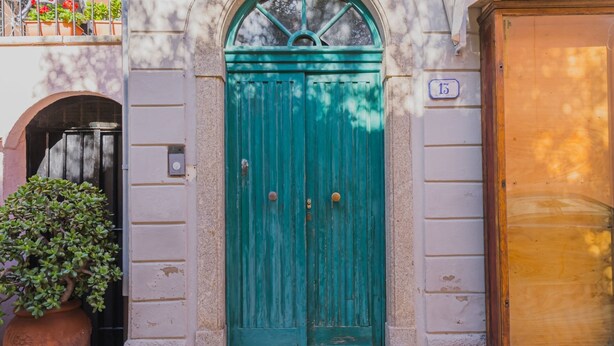 A green door with two round knobs, a potted plant to the left, and a wooden cabinet to the right.