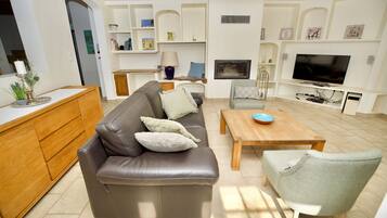 Télévision, cheminée, écrans d'ordinateur