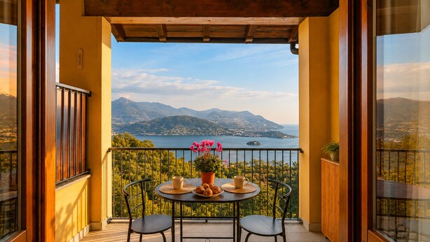 Ein Balkon mit Tisch, Stühlen und einer Topfpflanze.