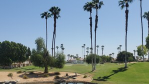 Ein Golfplatz mit Teich, Palmen und blauem Himmel.