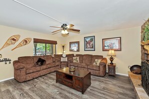 Flat-screen TV, fireplace, video games