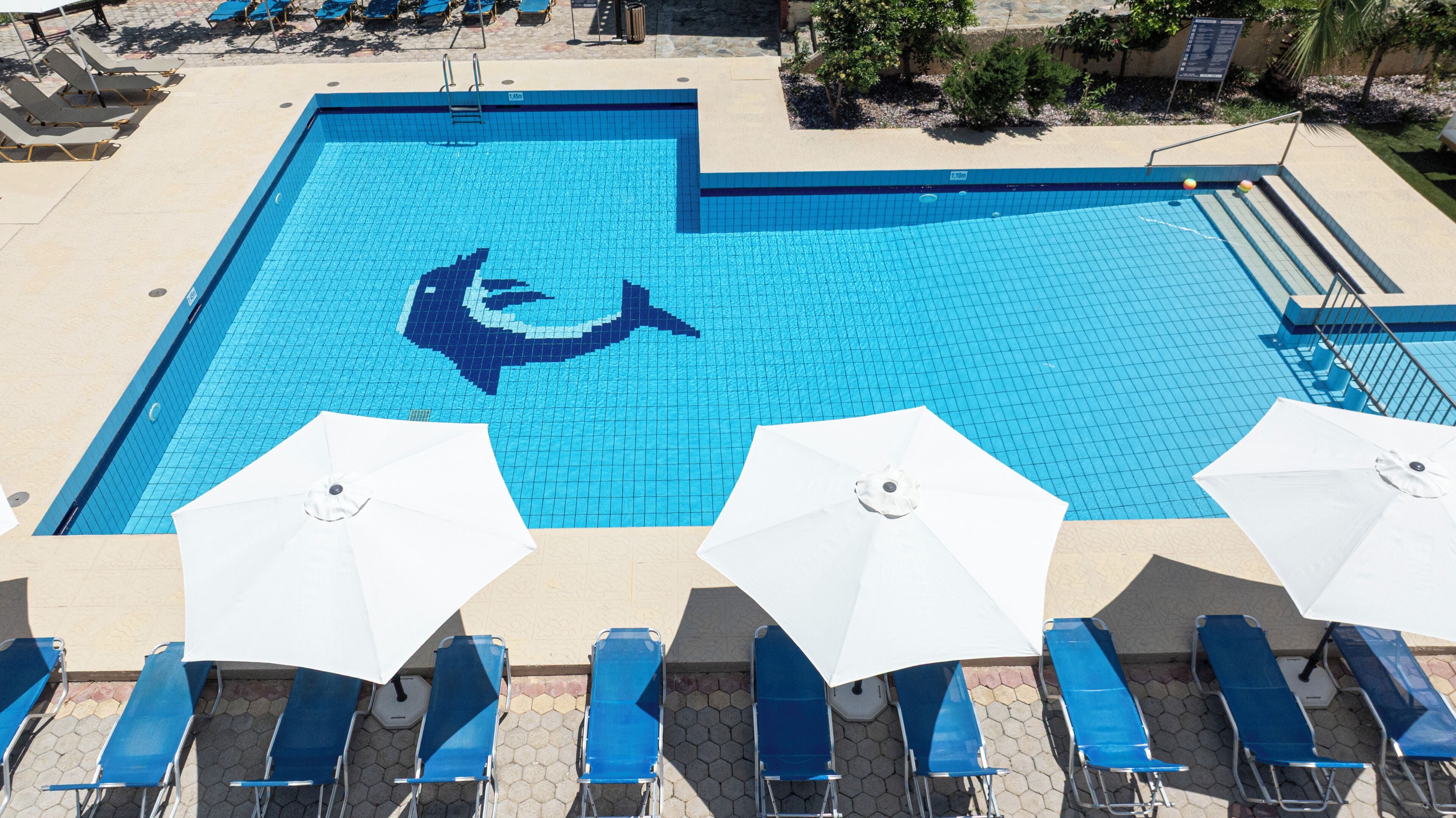 A swimming pool with a dolphin mosaic, lounge chairs, and umbrellas.
