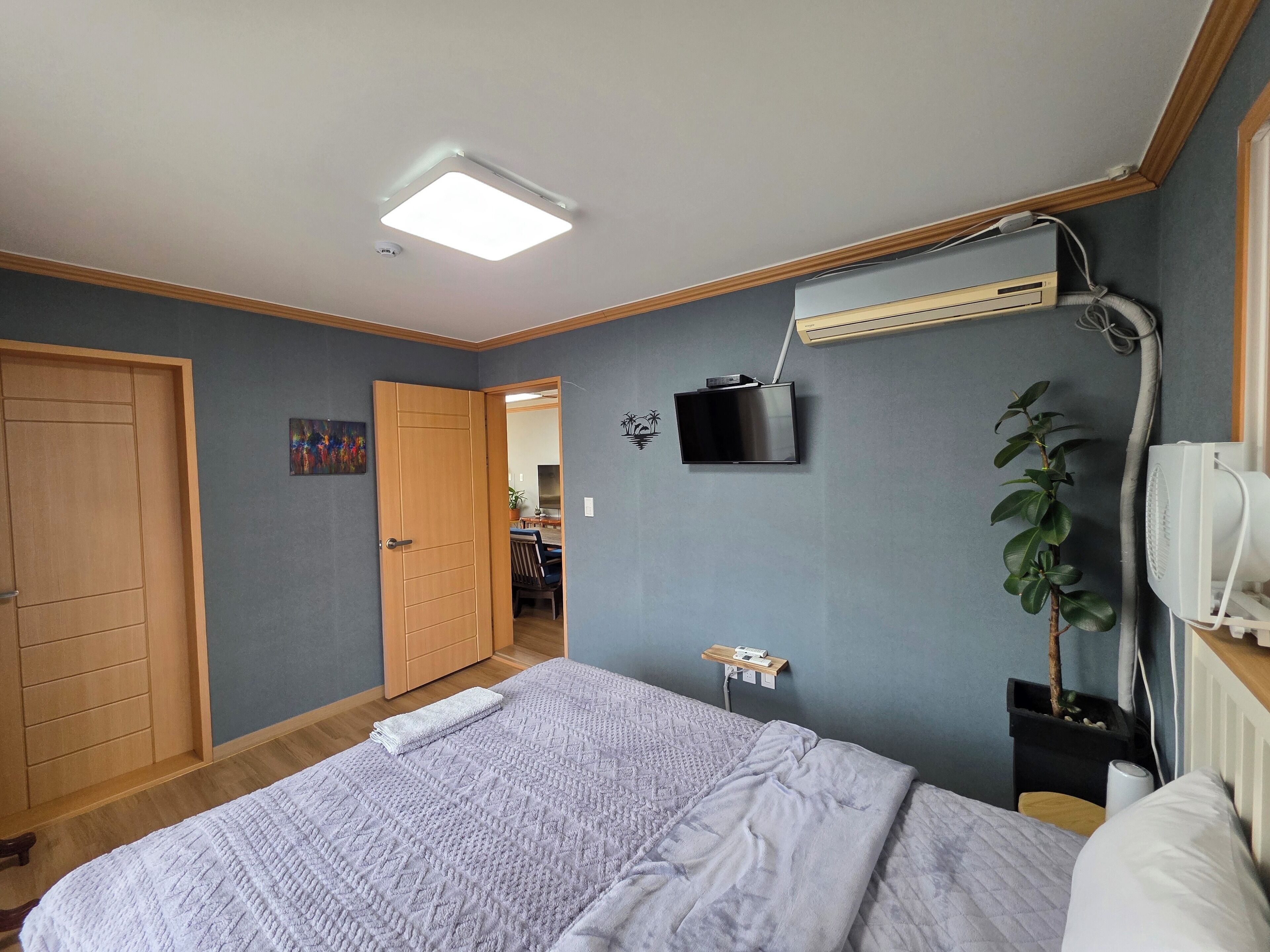 Un dormitorio con cama, televisor, planta y ventilador de techo.