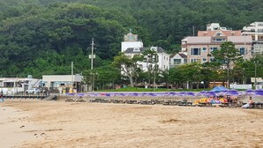 A beach with a row of beach umbrellas and a row of beach chairs. There are buildings in the background. - Beach Getaway (Suite 201) for 1 - 3 guests: Perfect Location & Great Views. (Geoje-si)