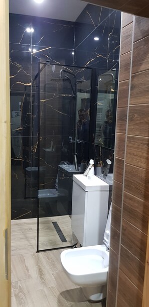 Shower, towels, soap, toilet paper
