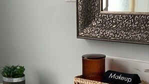 A bathroom vanity with a marble countertop, a small potted plant, a decorative tray with a makeup bag, and a mirror with an ornate frame.
