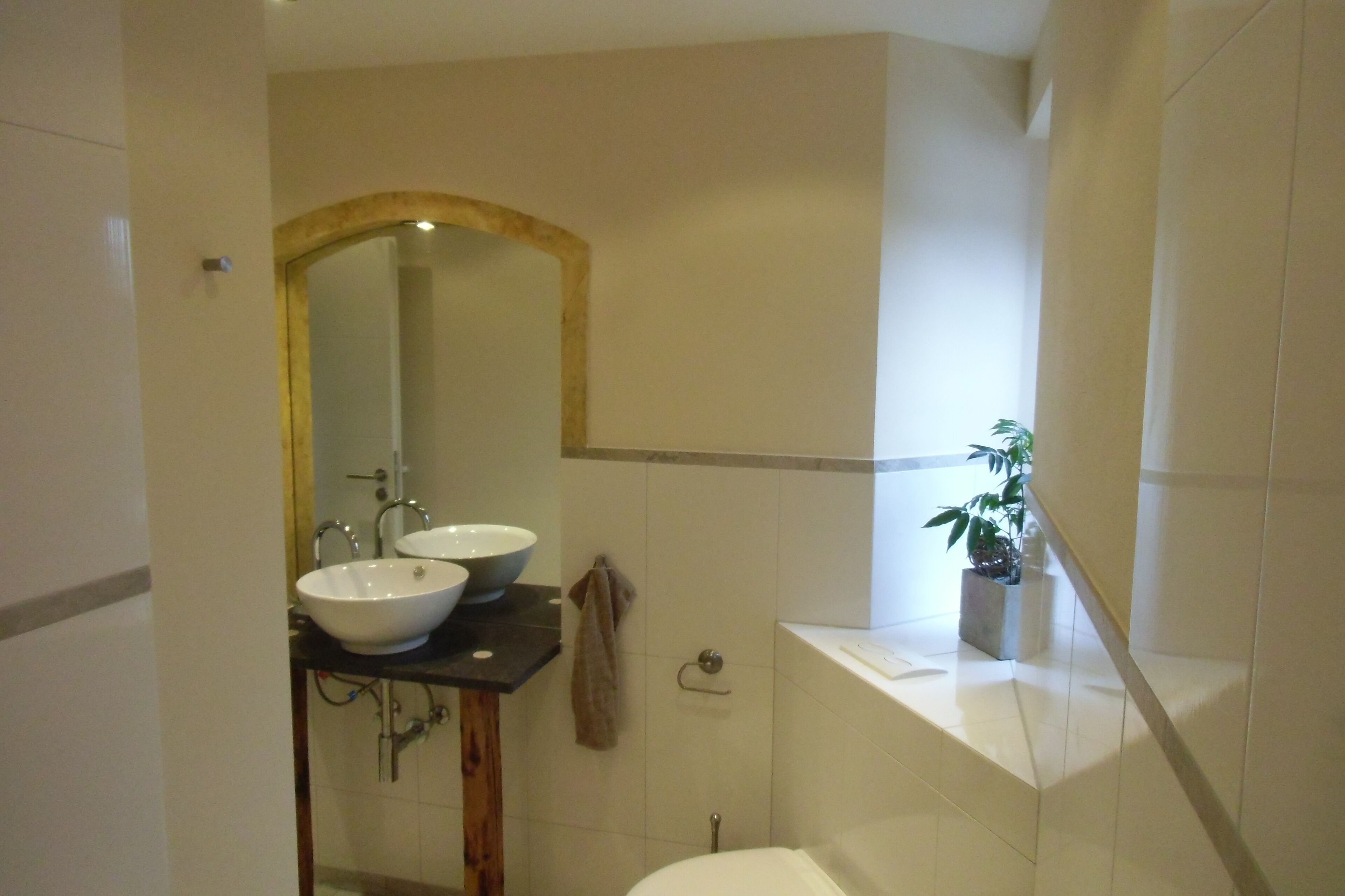 Un baño con dos lavamanos, un espejo, un perchero para toallas y una planta en maceta.